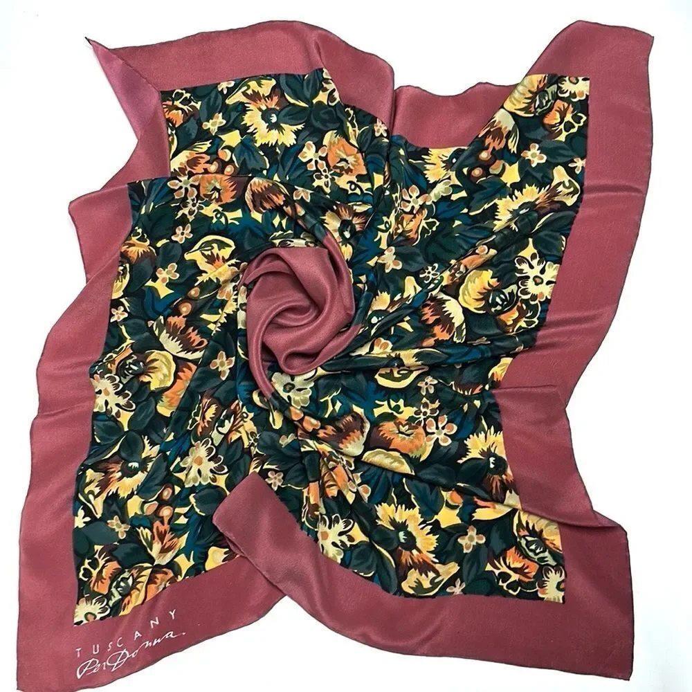 Tuscany Per Donna Silk Crepe Scarf Hand Rolled Mauve Taupe Floral
